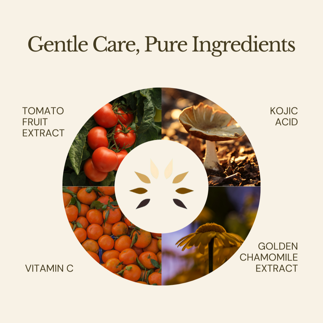 Product ingredients with tomato, kojic acid, vitamin C, and golden chamomile extract on a beige background.